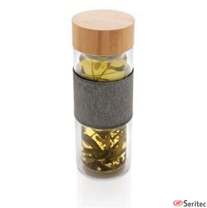 Botella promocional de vidrio de borosilicato con bambú
