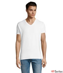 Camiseta cuello pico personalizable disponible corte de mujer y hombre en blanco