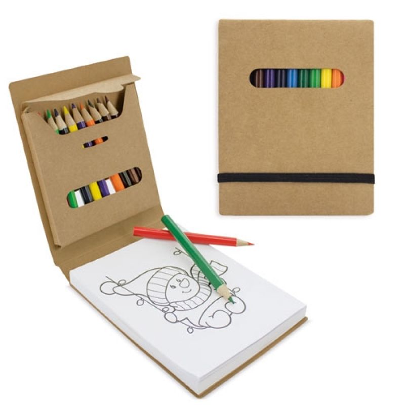 Libreta de cartón personalizable con dibujos y lapices de colores