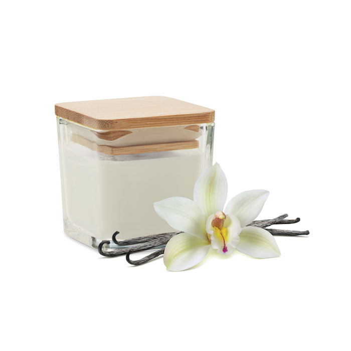 Vela aromática en cristal con tapa de madera