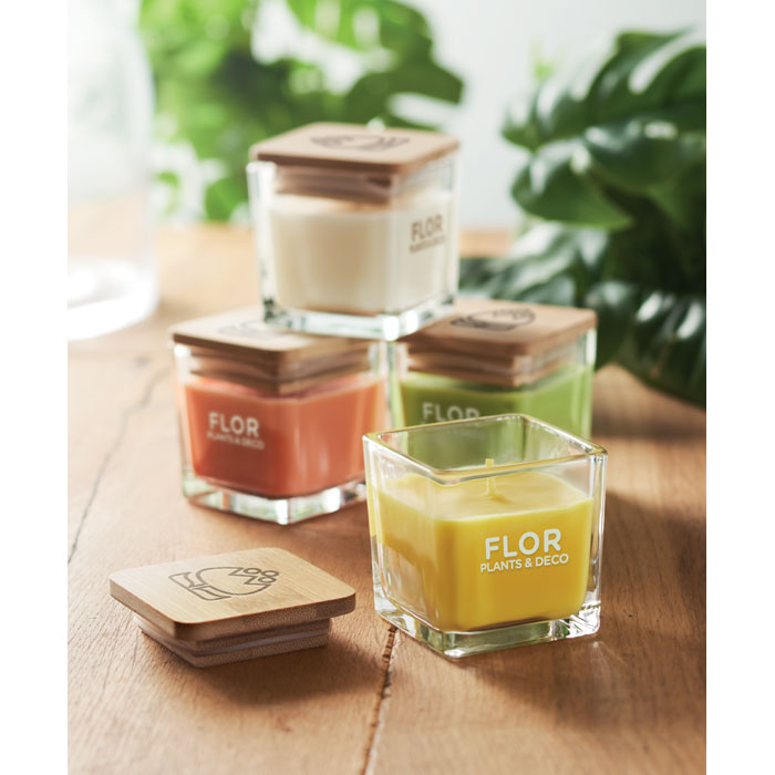Vela aromática en cristal con tapa de madera
