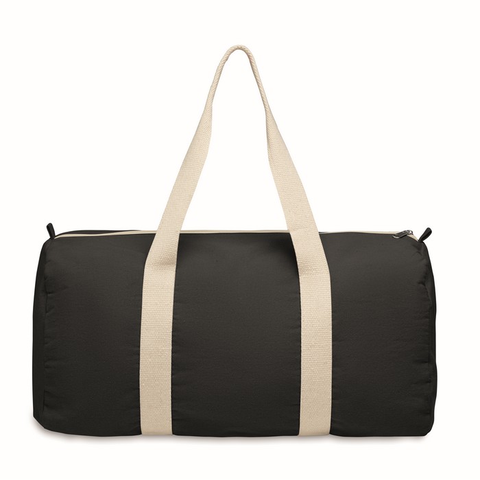 Bolsa reciclada en forma de barril con varios compartimentos y asas largas.