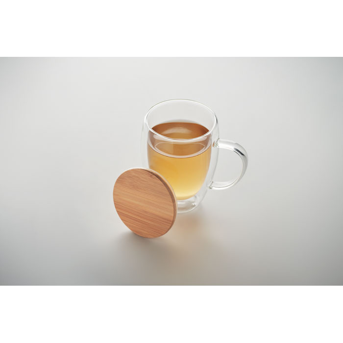 Taza de vidio con tapa de madera
