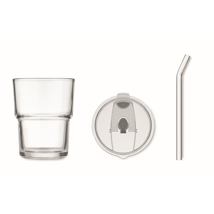 Vaso de cristal portátil con pajita