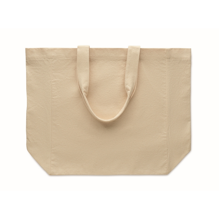 Bolsa de algodón grueso con asas cortas y fuelle.