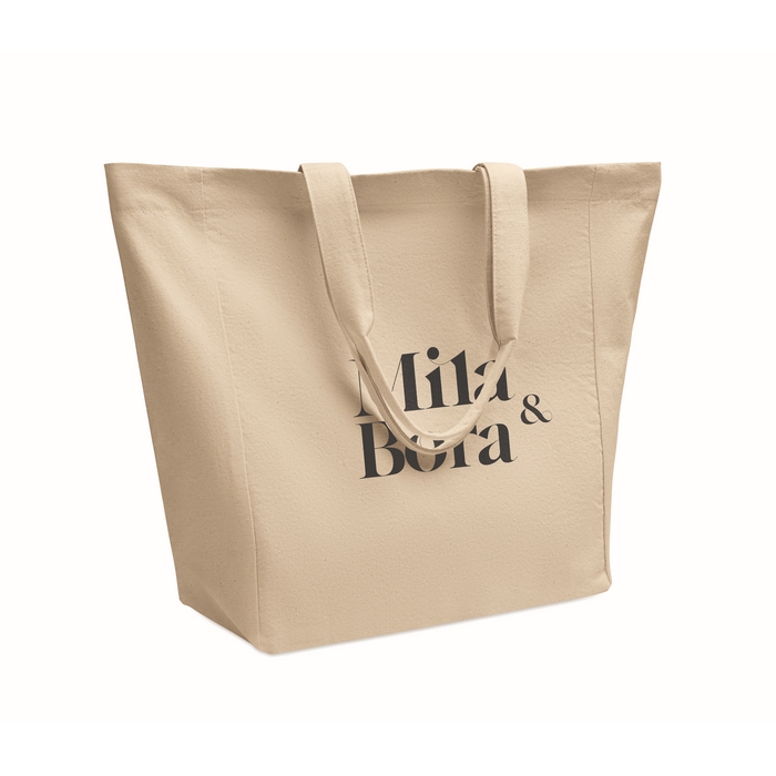 Bolsa de algodón grueso con asas cortas y fuelle.