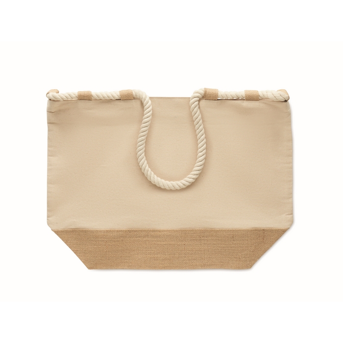Bolsa de playa de algodón y yute con asas de cuerda.