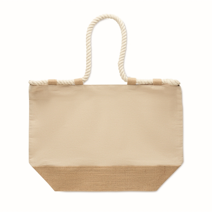 Bolsa de playa de algodón y yute con asas de cuerda.