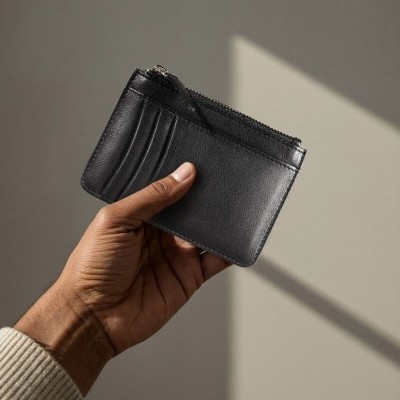 Cartera tarjetero de piel auténtica con cremallera