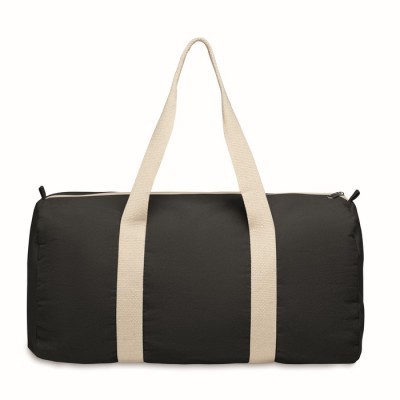 Bolsa reciclada en forma de barril con varios compartimentos y asas largas.