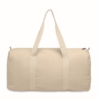 Bolsa reciclada en forma de barril con varios compartimentos y asas largas.
