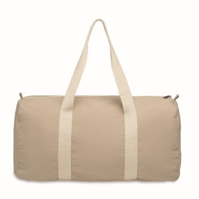 Bolsa reciclada en forma de barril con varios compartimentos y asas largas.