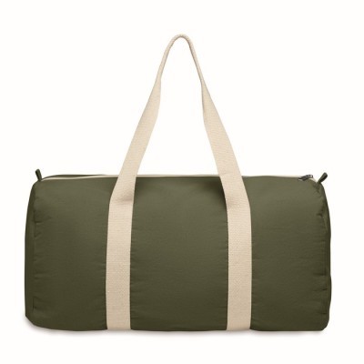 Bolsa reciclada en forma de barril con varios compartimentos y asas largas.