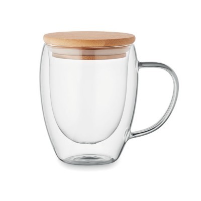 Taza de vidio con tapa de madera