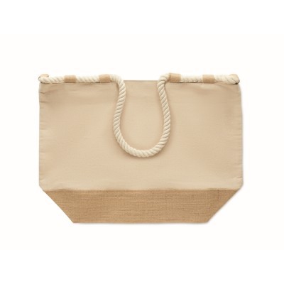 Bolsa de playa de algodón y yute con asas de cuerda.