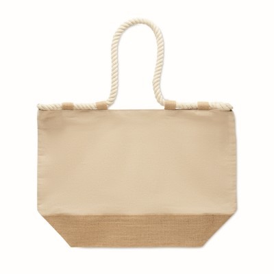 Bolsa de playa de algodón y yute con asas de cuerda.