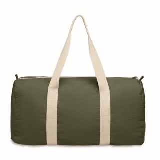 Bolsa reciclada en forma de barril con varios compartimentos y asas largas.