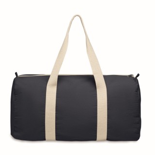 Bolsa reciclada en forma de barril con varios compartimentos y asas largas.