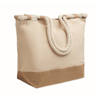 Bolsa de playa de algodón y yute con asas de cuerda.